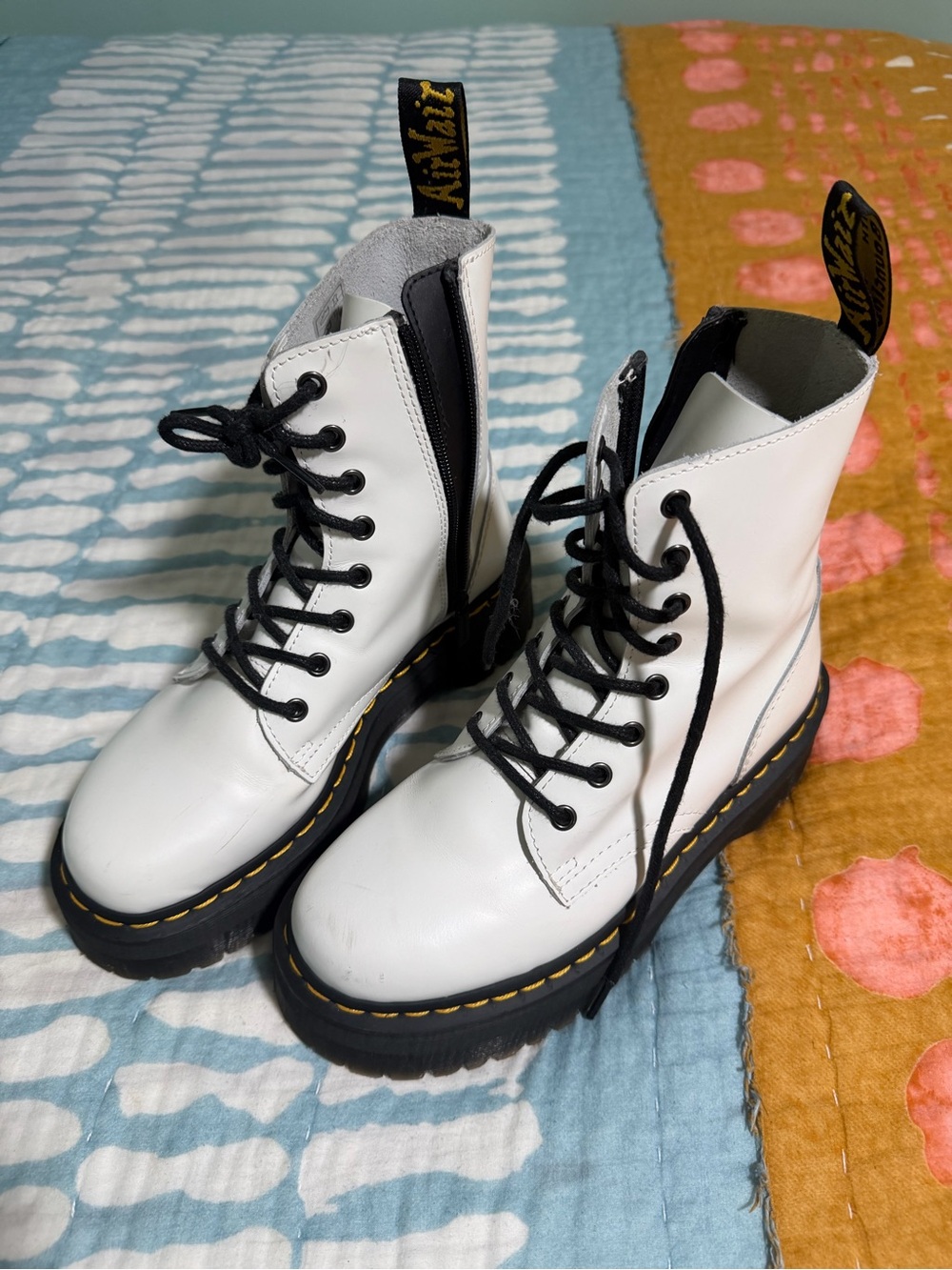 Dr. Martens White Lace-Up Platform Combat Boots with Black Laces